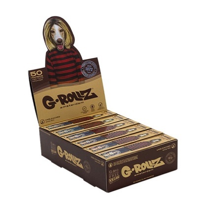 Expositor de papel para enrolar G-Rollz Amsterdam com embalagem castanha e desenho de cão vestido