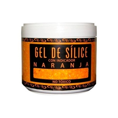 Frasco de gel de sílice com indicador laranja e rótulo preto e laranja