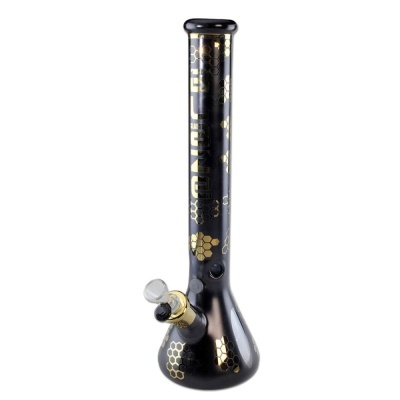 Bong de vidro preto com padrão hexagonal dourado e texto LUNO.