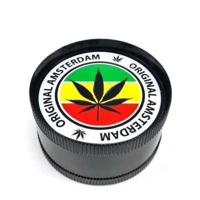 Moinho preto com tampa decorada com folha de cannabis e texto Original Amsterdam