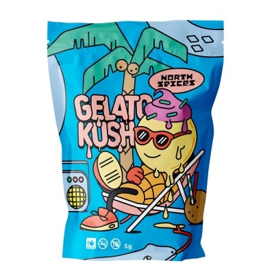 Embalagem azul com ilustração de gelado amarelo com cobertura rosa e texto GELATO KUSH