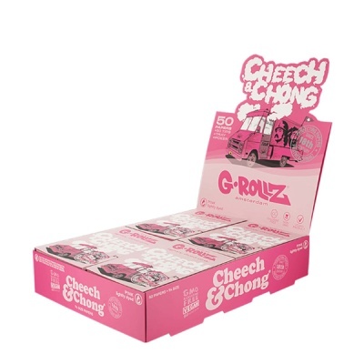 Expositor de caixas de papel de enrolar Cheech & Chong cor-de-rosa com ilustração de carrinha e texto promocional