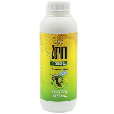 Frasco plástico com rótulo amarelo e verde do repelente Zerum Citronela