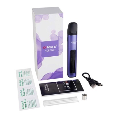 Kit dispositivo roxo X Max V3 Pro com caixa branca, manual, cabo USB, lenços álcool, palitos e anel
