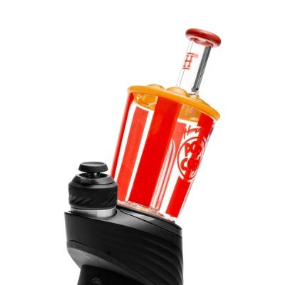 Dispositivo preto com recipiente de vidro transparente e vermelho com texto Hemper POP CORN