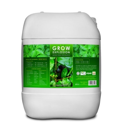 Recipiente branco com etiqueta verde de fertilizante líquido Grow Explosion