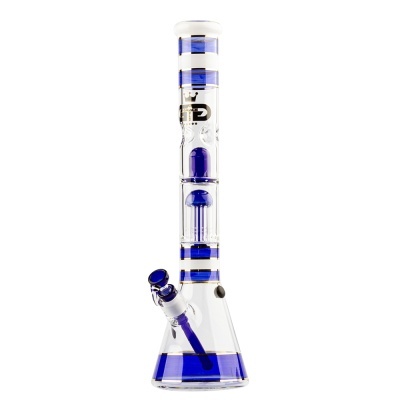 Bong de vidro transparente com detalhes azuis e dourados