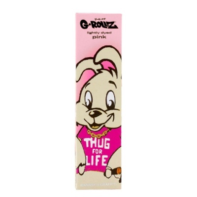 Caixa rosa com ilustração de coelho e texto G-ROLLZ e THUG FOR LIFE
