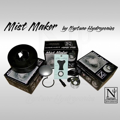 Mist Maker Neptune Hydroponics com caixas e componentes prateados e pretos em fundo branco
