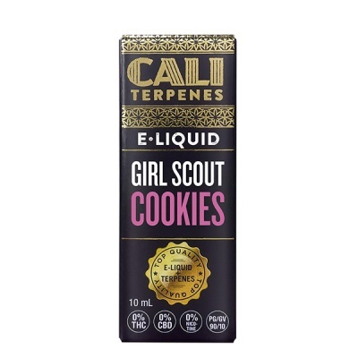 Embalação preta de e-líquido CALI TERPENES GIRL SCOUT COOKIES com texto dourado, branco e rosa.