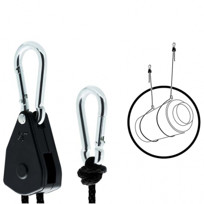 Conjunto de polias com gancho e corda preta para suspensão de objetos