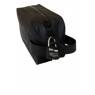 Necessaire preta com fecho e etiqueta com texto