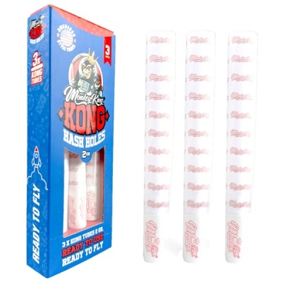 Embalagem azul com três tubos transparentes com texto vermelho Monkey King KONG Hash Holes