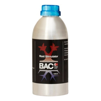 Frasco metálico com rótulo preto e tampa azul contendo produto Root Stimulator BAC