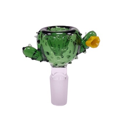 cabeça de vidro verde com textura tipo cacto e flor amarela