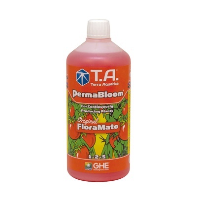 frasco plástico vermelho de fertilizante líquido com rótulo laranja e tomates desenhados