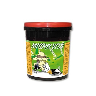 Pote preto com tampa vermelha e rótulo verde com texto MICROVITÃ e ilustração de figura com chapéu e microscópio