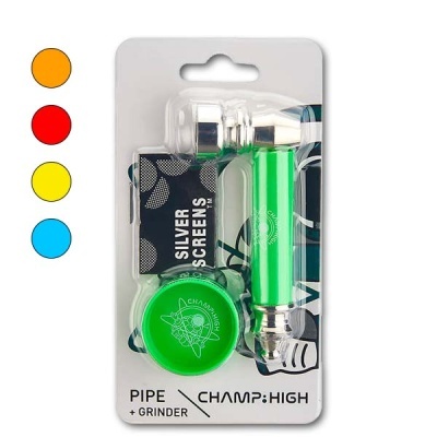 Kit de fumo com cachimbo metálico e triturador verde em embalagem de blister.