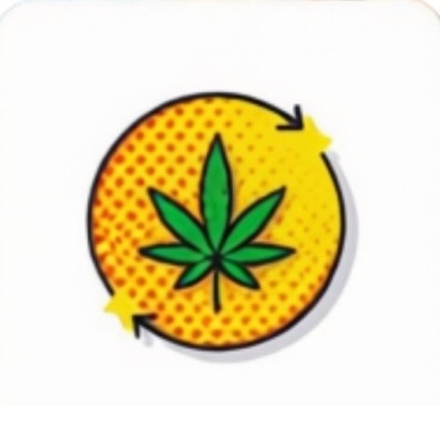 Símbolo circular amarelo com folha verde de cannabis e setas pretas