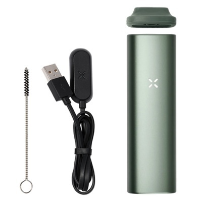 Vaporizador portátil verde metálico, carregador USB preto e escova de limpeza