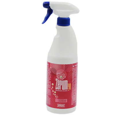 frasco spray branco com pulverizador azul e rótulo vermelho