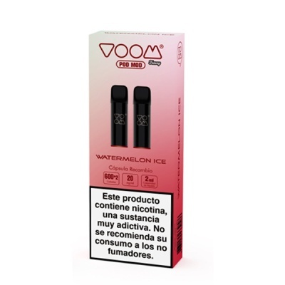Embalagem de recarga VOOM Watermelon Ice para pod mod com cápsulas pretas e advertência de nicotina em castelhano