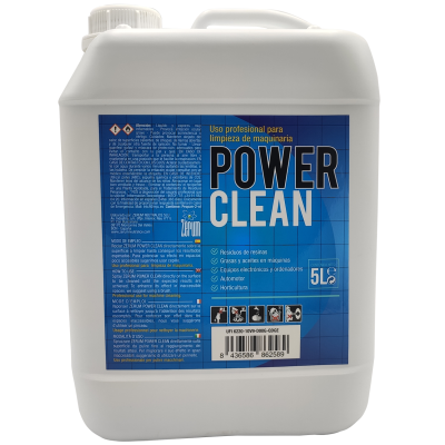Bidão branco com rótulo azul do produto Power Clean para limpeza de máquinas 5L