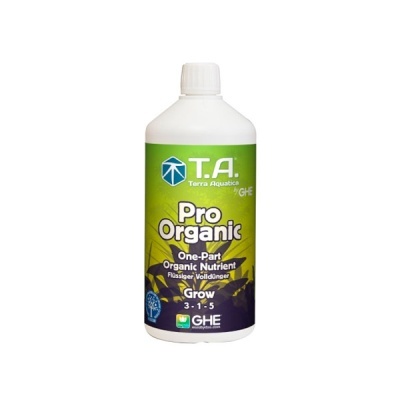 Frasco de produto líquido Pro Organic da T.A. Terra Aquatica com rótulo verde e roxo
