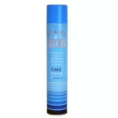 Frasco aerosol azul com texto CHAMP HIGH e D.M.E.