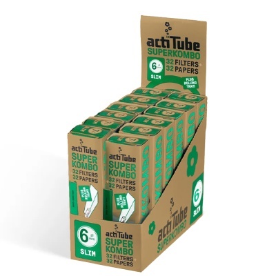 Expositor com caixas de papel e filtros actiTube SUPERKOMBO 6 mm SLIM em embalagem castanha e verde