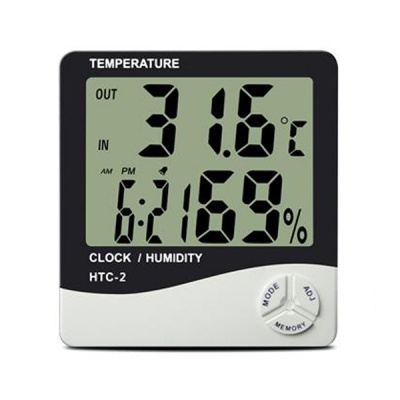 Termómetro e higrómetro digital com ecrã LCD preto e branco e botões circulares