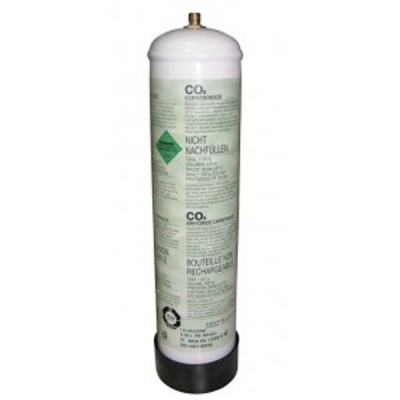 Cilindro branco de CO2 com rótulo e base preta