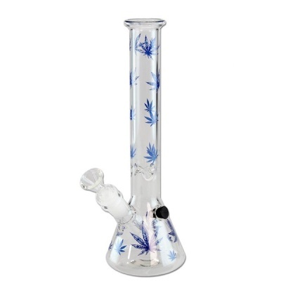 Bong de vidro transparente com folhas azuis estampadas