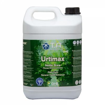 Recipiente branco de plástico 5L com etiqueta verde e texto Urtimax Nettle Brew