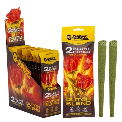 Pacotes de cones G-Rollz 2 Blunt Cones Dutch Blend ao lado de dois cones verdes