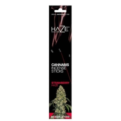 Embalagem preta de sticks de incenso de cannabis Strawberry Haze com texto branco e vermelho e imagem de flor de cannabis