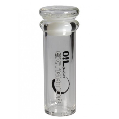 Frasco cilíndrico transparente de vidro com tampa e texto OIL EXTRACTOR