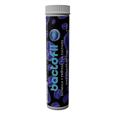 Frasco tubular preto com tampa branca e texto em espanhol