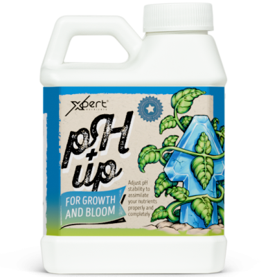 Frasco branco de plástico com rótulo azul e bege com texto e ilustração de planta