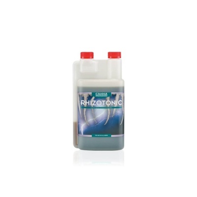 Frasco de plástico branco com tampa vermelha e rótulo CANNA RHIZOTONIC