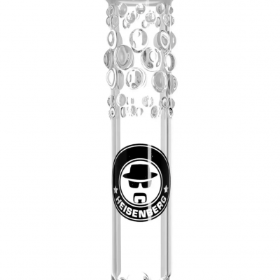 Tubo de vidro transparente com bolhas e logótipo preto HEISENBERG