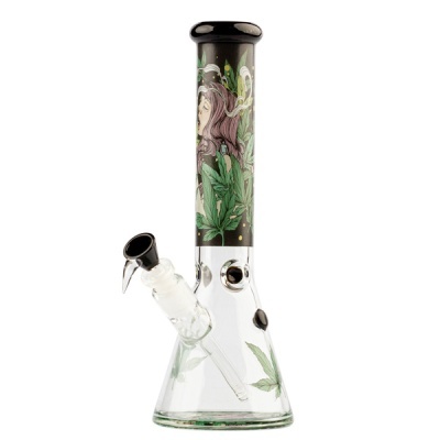 Bong de vidro decorado com ilustração de mulher e folhas verdes