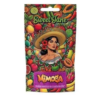 Embalagem colorida do produto Mimosa com ilustração feminina e frutas tropicais