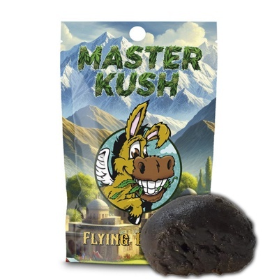 Embalagem colorida com desenho de burro sorridente e texto MASTER KUSH, ao lado um produto redondo negro.