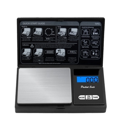 Balança digital de mesa com ecrã digital azul e plataforma metálica