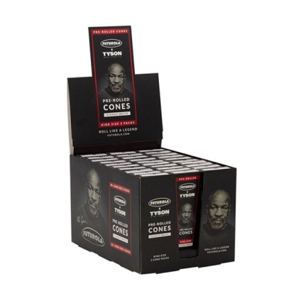 Expositor preto com embalagens de cones pré-rolled FUTUROLA TYSON Classic White com imagem de Mike Tyson