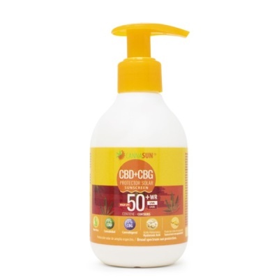 Frasco de protetor solar CBD+CBG CANNA SUN FPS 50+ com doseador amarelo