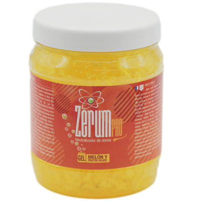 Frasco de gel amarelo com tampa branca e rótulo vermelho.