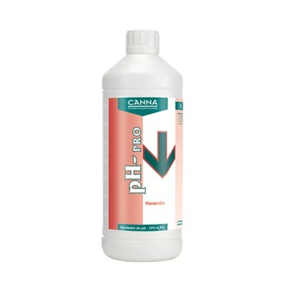Frasco branco com rótulo laranja de produto pH-PRO da CANNA para floración