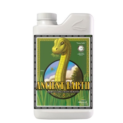 Frasco branco de produto Ancient Earth com dinossauro e texto